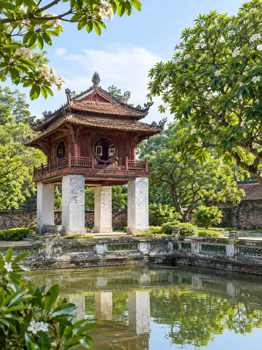 Khuê Văn Các ở Văn Miếu, gác nhỏ hai tầng đặt trên bốn trụ gạch trắng bên giếng vuông