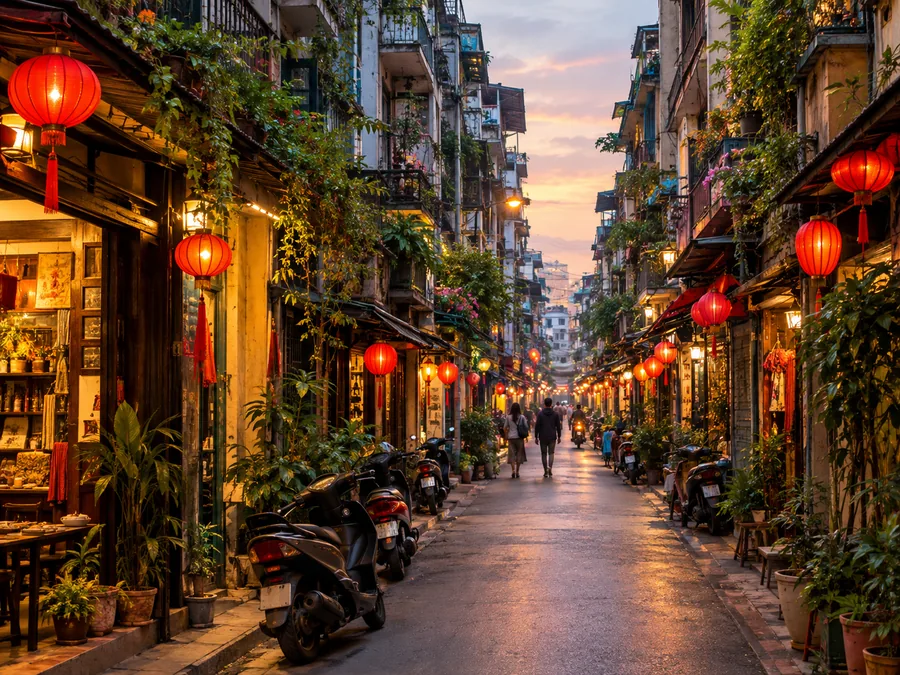 Một con phố nhỏ trong phố cổ với những ngôi nhà ống cao và đèn lồng đỏ lúc chạng vạng